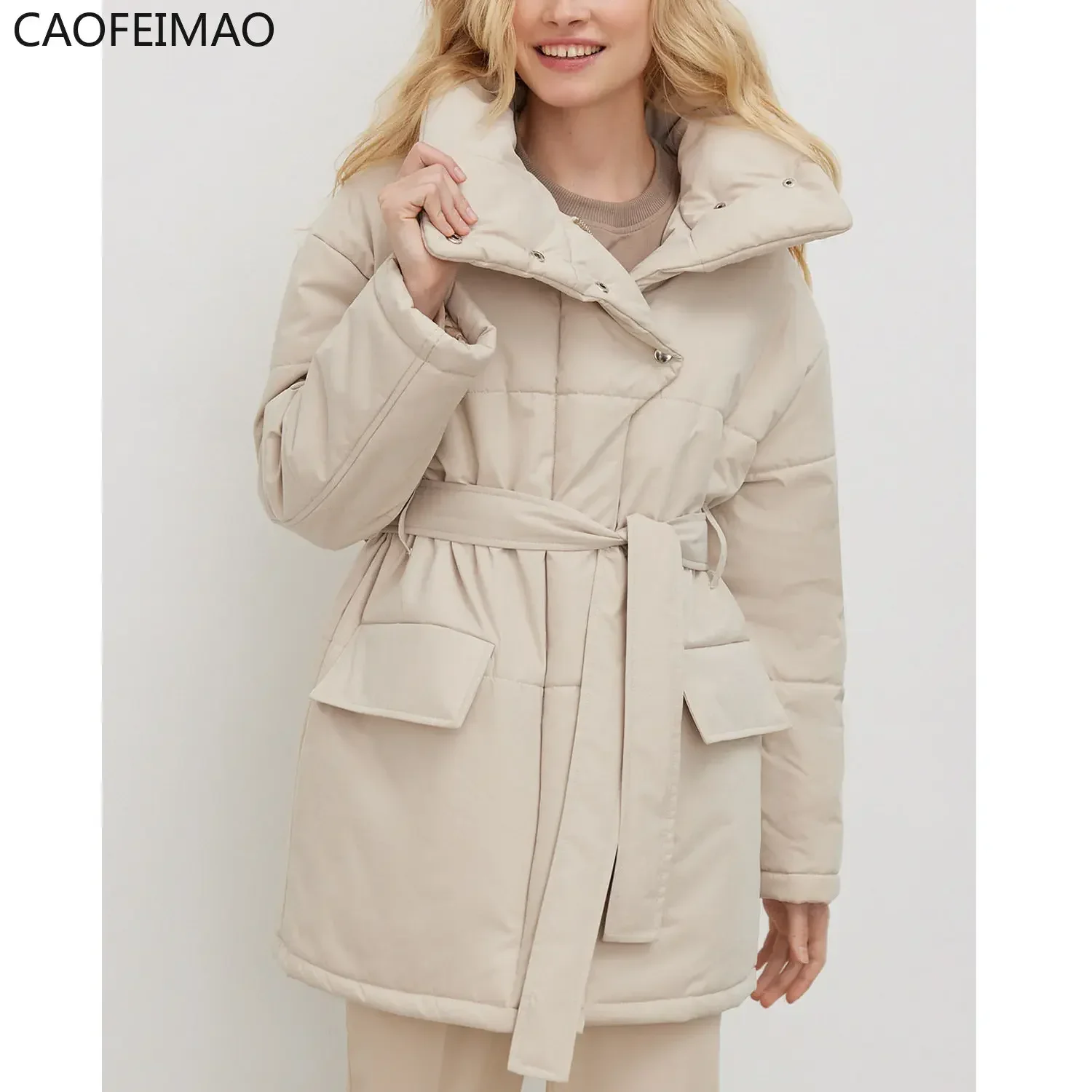 Quilted Jacket Women Winter Loose Parkas Coat Vintage Belted Outwear Office Ladies Warm Cotton Puffer Jackets