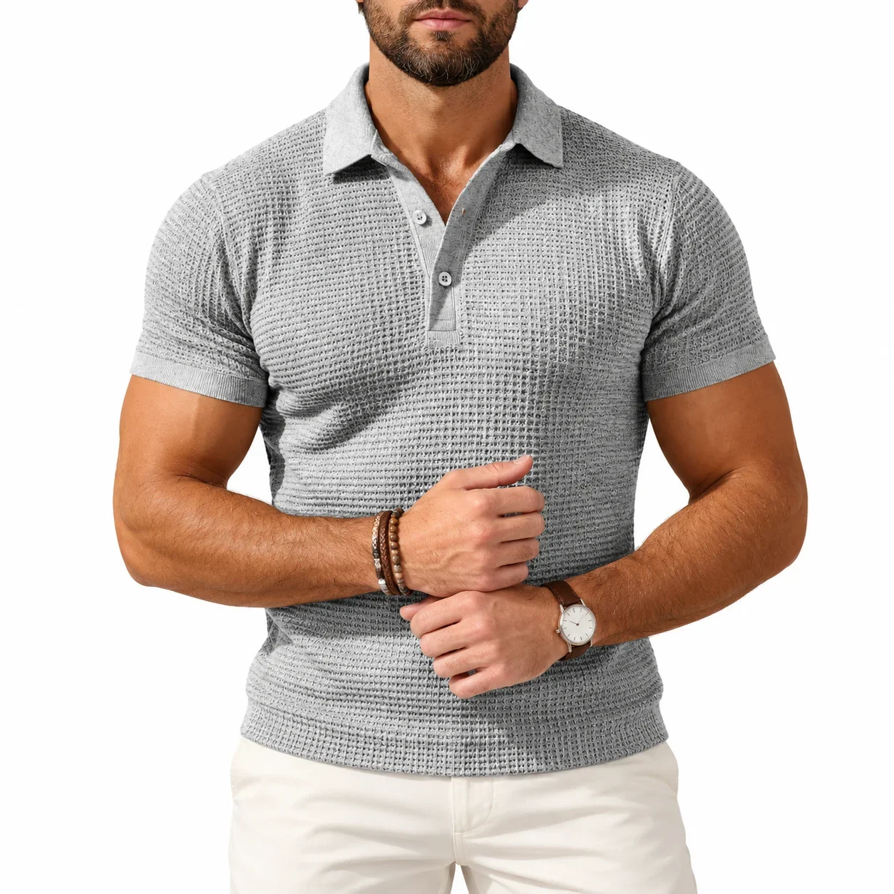 Men's Polo Shirt Waffle Textured Button Placket Breathable Summer Top for Golf Shirts for Man Casual Sports Weekend Wear T Shirt