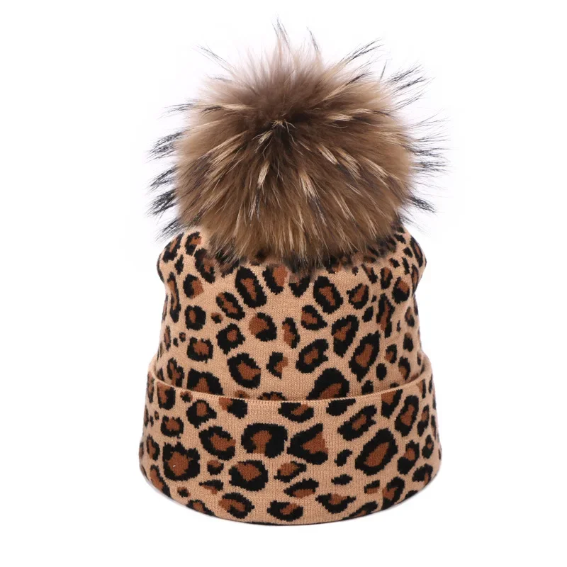 Women Winter Hat With Scarf Real Raccoon Fur Pompom Beanies For Ladies Winter Cap Women Knitted Hat and Scarf Set Sexy Leopard