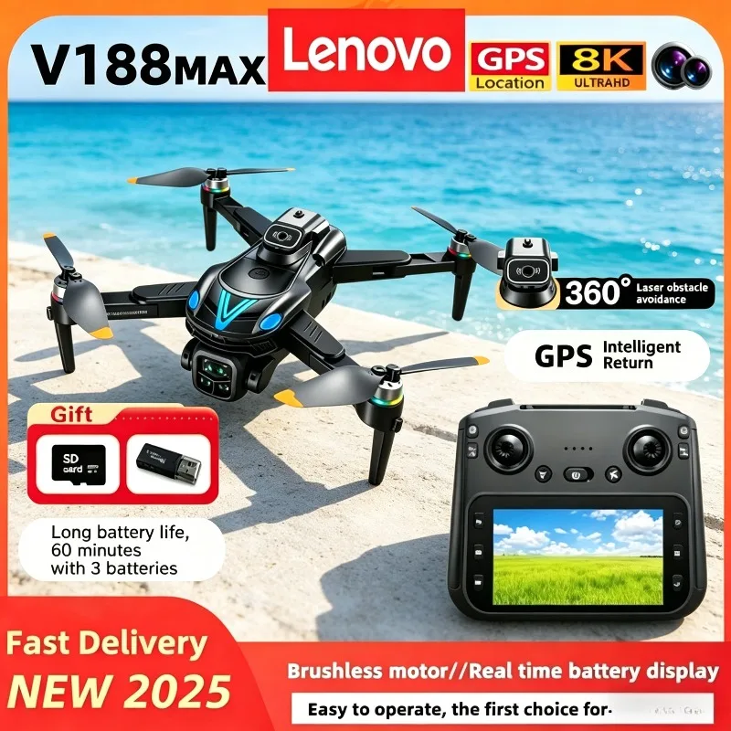 

Дрон Lenovo V188MAX с пультом ДУ, складной, GPS, 8K, профессиональная камера, FPV, с функцией обхода препятствий