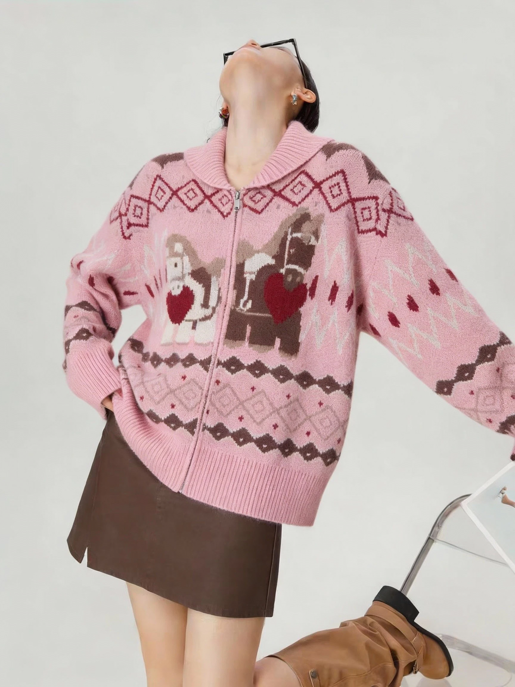 

Розовый вязаный кардиган в стиле Fair Isle для женщин, корейский новогодний повседневный свободный крой, теплый топ с длинными рукавами