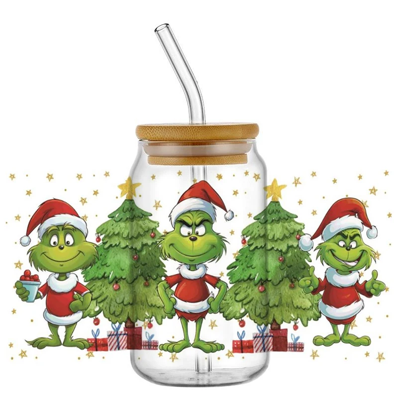 Green Ghost Monster Christmas Theme 160Z UV DTF Cup Wraps Transfer Stickers For Glass Libbey Can Bottle Selfadhsive DIY Decals