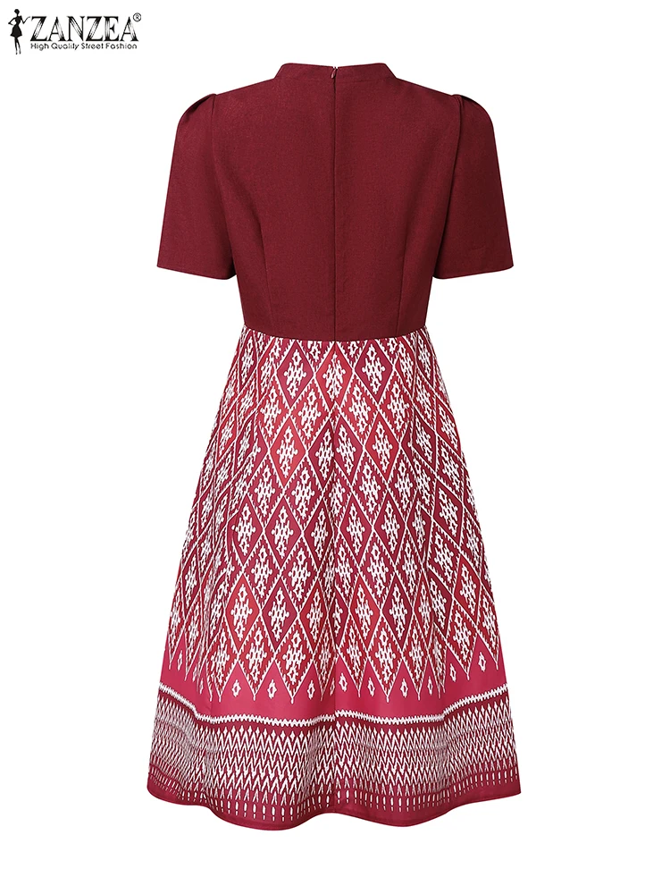 ZANZEA Ethnische Print Patchwork Elegante A-Line Kleider Frau Böhmischen Vintage Stehkragen Kurzarm Knie-Länge Roben Femme