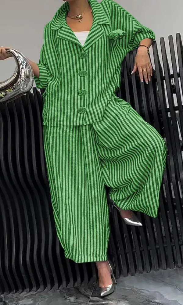 Autumn New Commuter Fashion Women\'s Suit Long Striped Printed Lapel Shirt Single-breasted Wide-leg Loose Trousers Casual Suit