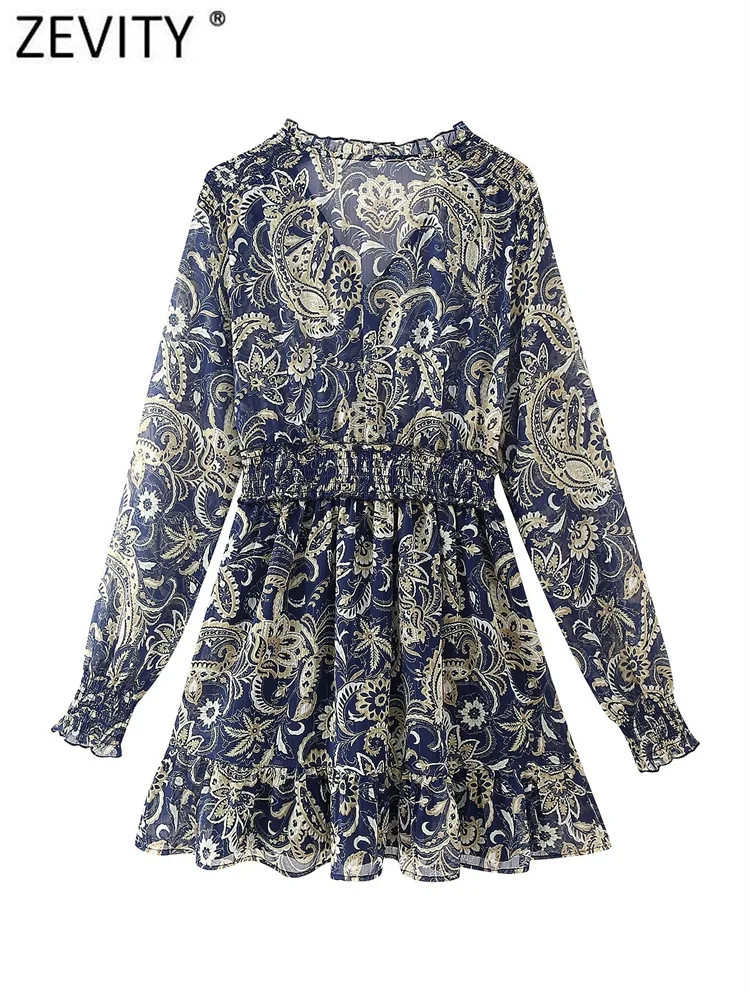 Zevity Women Vintage V Neck Paisley Floral Print Chiffon Mini Dress Femme Chic Long Sleeve Elastic Waist Ruffles Vestidos DS7210