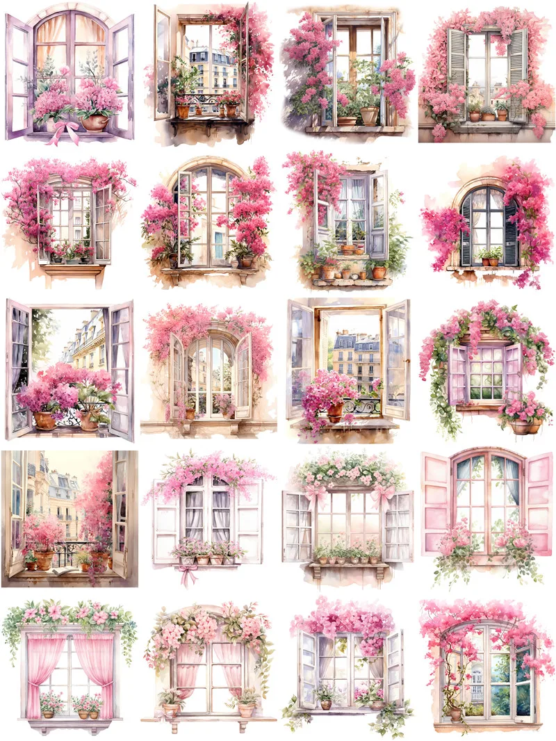 20Pcs/Pack Pink Spring Flower Window Sticker DIY Craft Scrapbooking Album Junk Journal Decorative Stickers