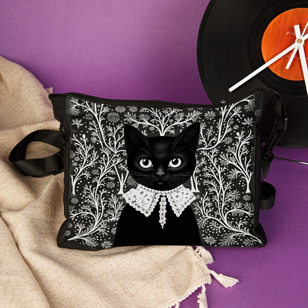 Black Cat With White Floral Pattern Crossbody Bag Black Elegant Cat Design Shoulder Bags For Women And Girls Fashionable Everyda