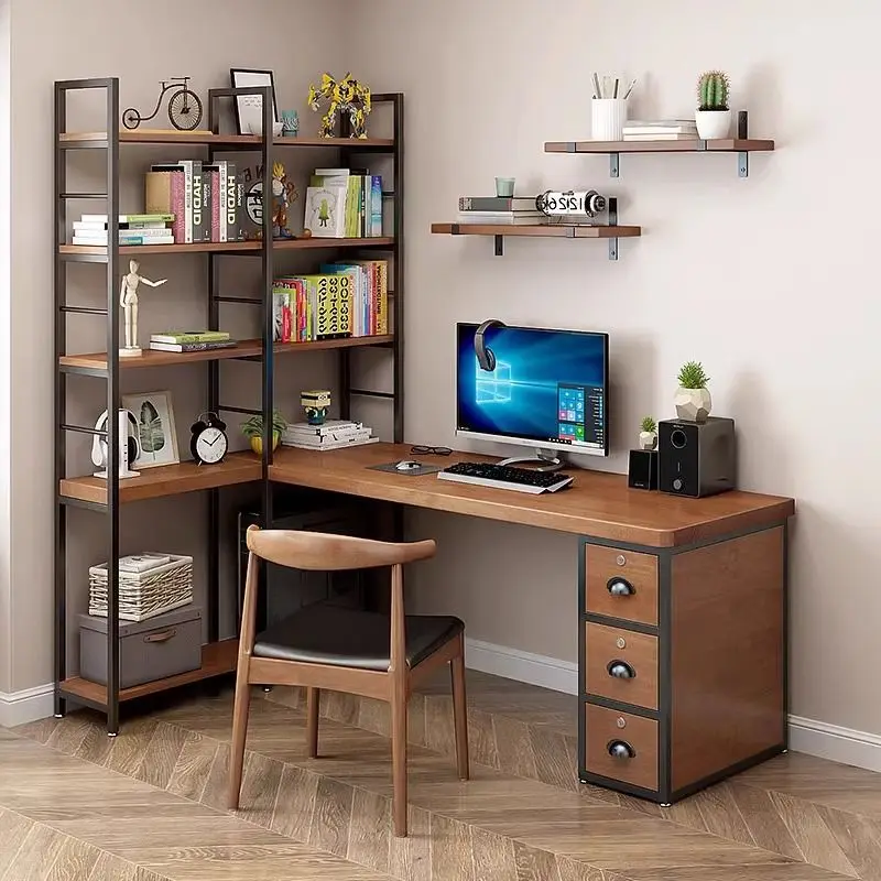 Solid wood desk bookshelf integrated bedroom wall strip table desktop home writing study computer desk combination table