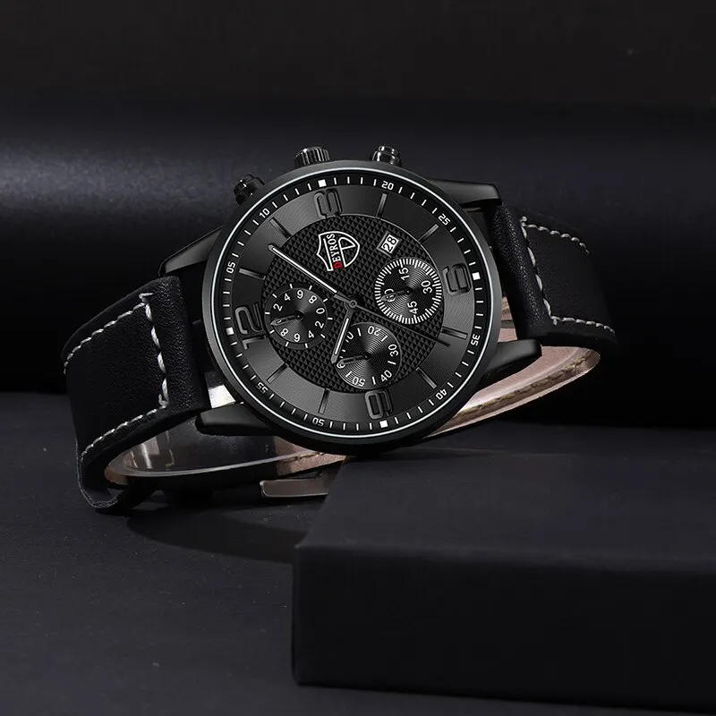 3PCS Set Fashion Mens Calendar Watches Luxury Men Business Black Stainless Steel Quartz Watch Male Necklace Bracelet Wristwatch