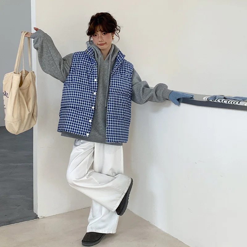 Plaid Women Parkas Vest Coat Sleeveless Jacket Stand Collar Single Breasted Thick Straight Fit Casual Office Lady 2025 Winter