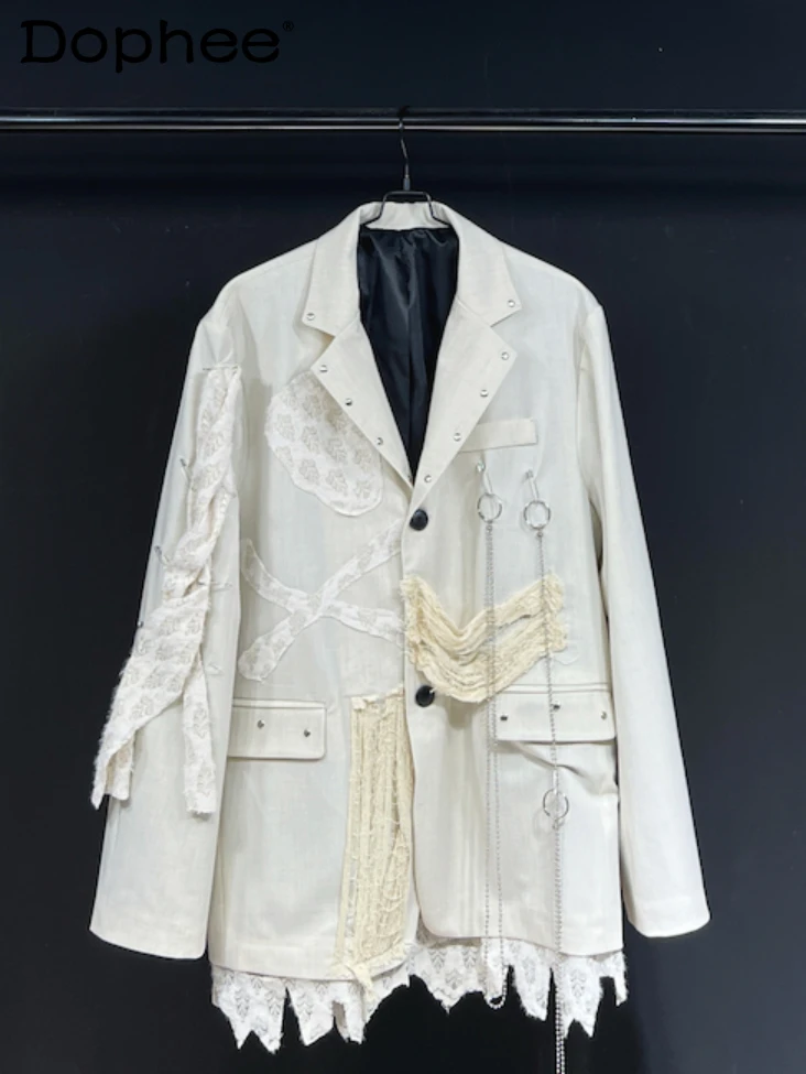 

2024 Autumn Original Design Casual Suit Jacket Creamy-White Thin Chic Suit Coats Fashion Loose Patchwork Long Sleeve Blazer Tops