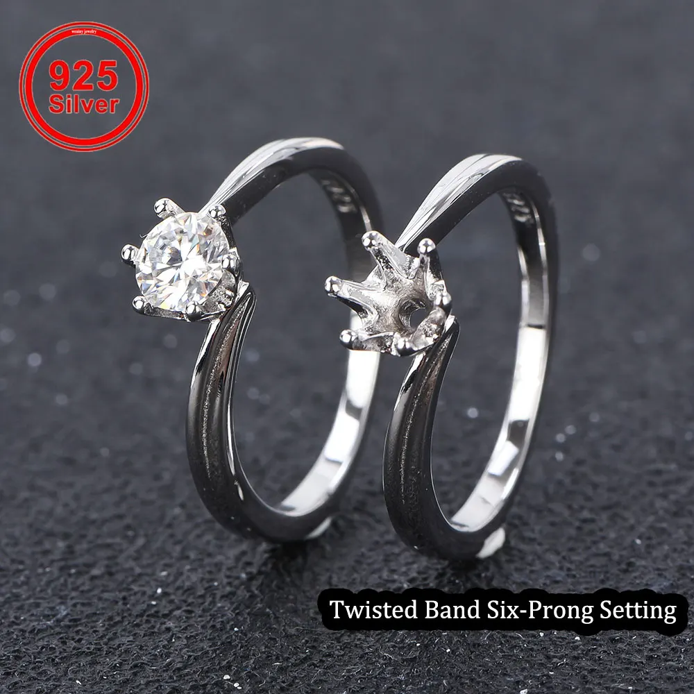 

S925 Silver Twisted Band Six-Prong Ring Setting for 5mm Stones, Minimalist DIY Mount for Women’s Jewelry Making