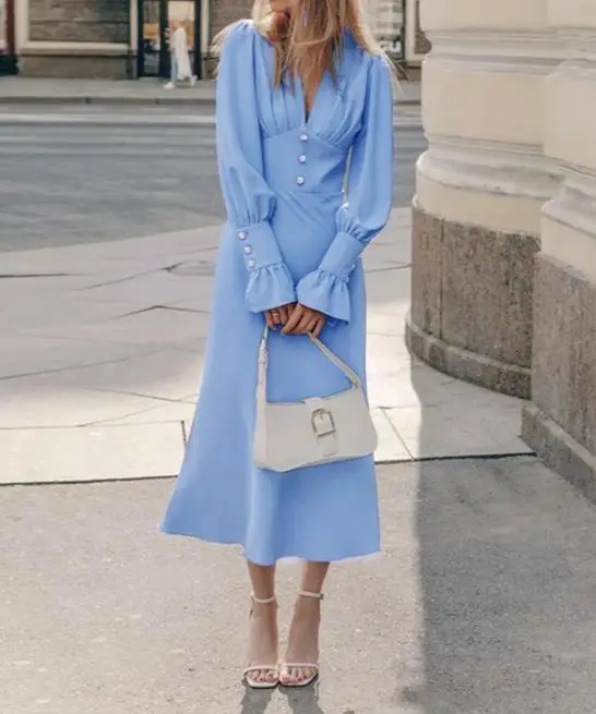 

Women's Dress Spring Simple Elegant V-Neck Button Decoration Solid Color Simple Commuting Style Shirt Dress Suitable for Office