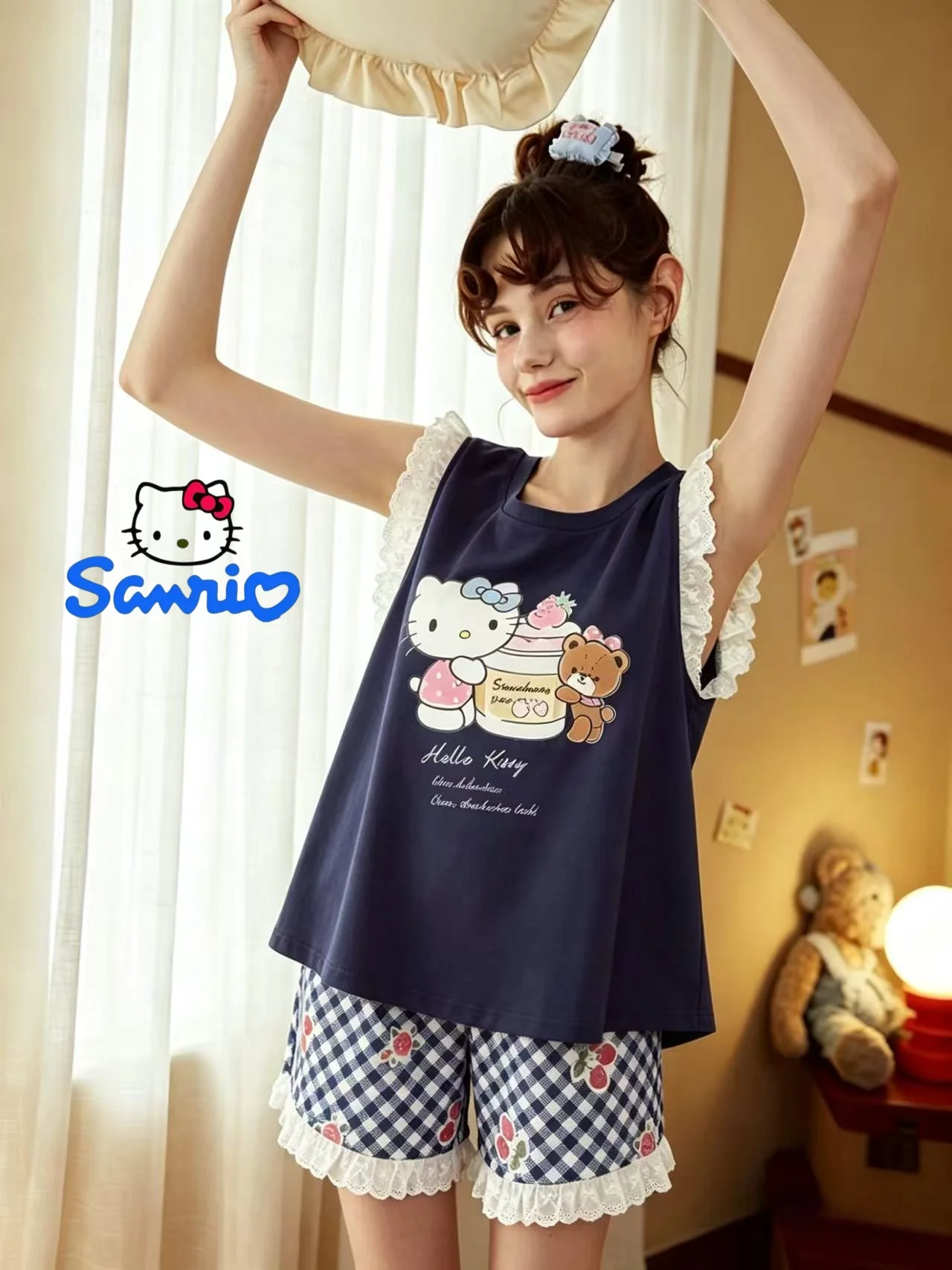 

Sanrio Hello Kitty Gril Women Flying Sleeve Pajama Set Cartoon Solid Blue Soft Breathable Summer Loungewear Sleepwear Outside