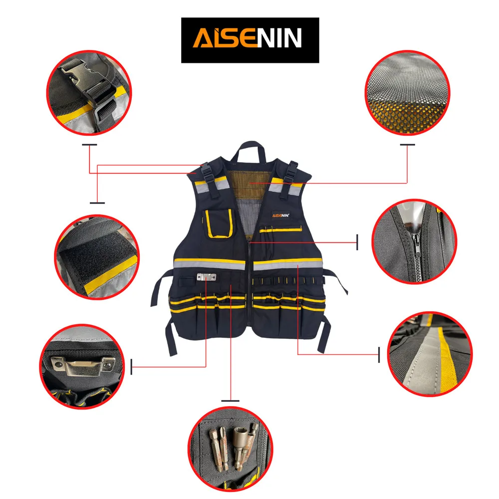 600D Oxford Cloth Tool Vest with Reflective Strips Tool Pockets Belt Loops and Adjustable Straps Duty Work Vest for Electrician