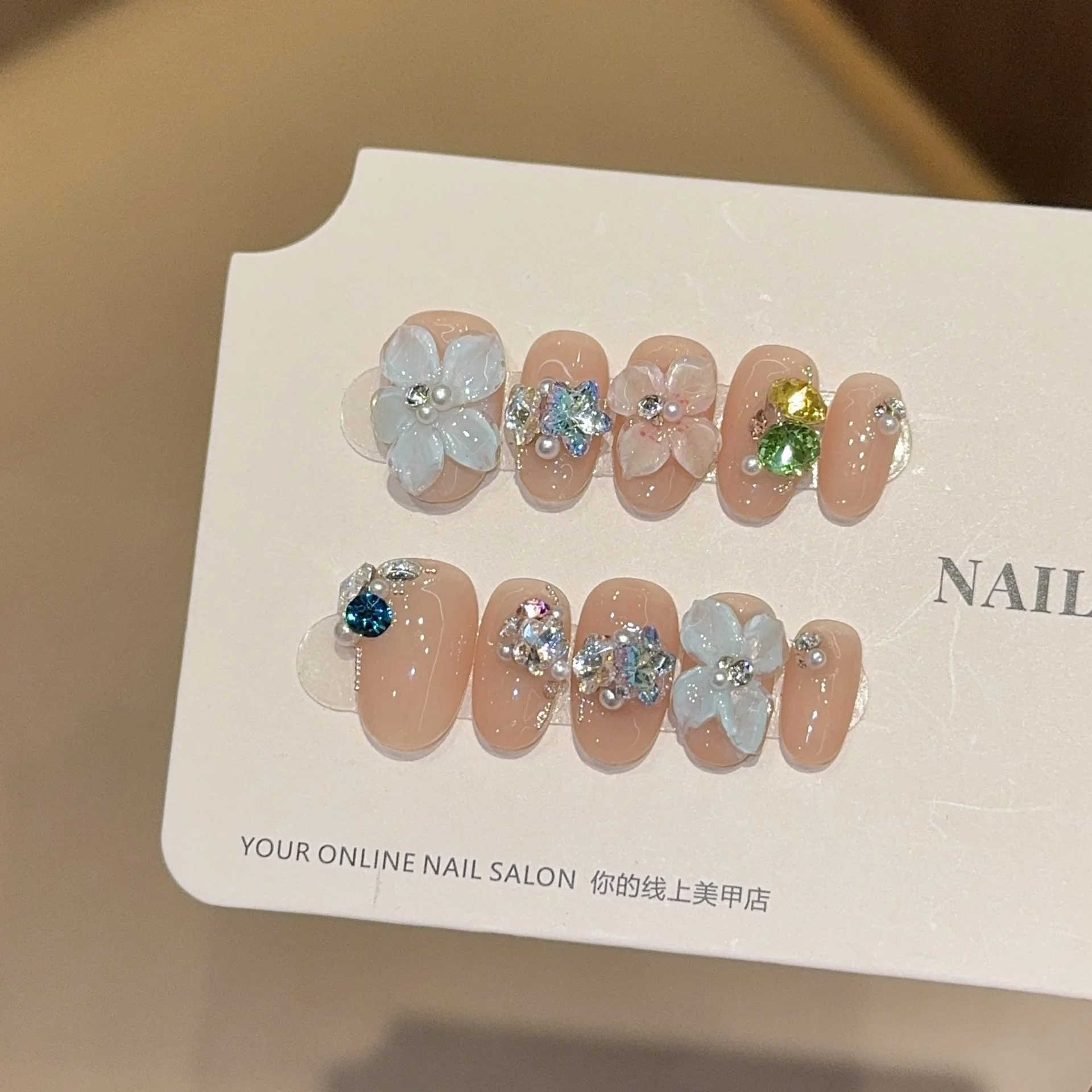 

10Pcs 3D Engrave Flower False Nails Sweet Cool Acrylic Fake Nails Colorful Glitter Diamond Pearl Press on Nails Almond Nail Art