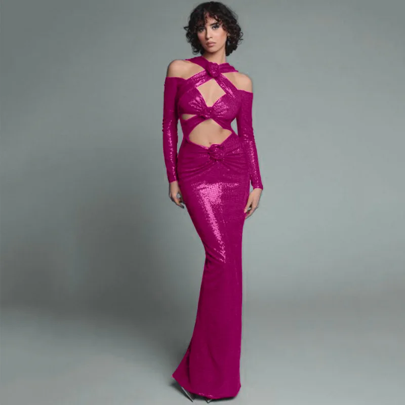 

Sexy sequined pleated Zou high-end women's navel dress long fashion simple temperament elegant versatile high-end resort style p