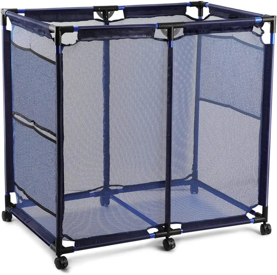 

Pool Storage Bins Rolling Pool Storage Cart Organizer with Nylon Mesh Lar Capacity with Iron Tube, 37" L X 25" W X 36" H Blue