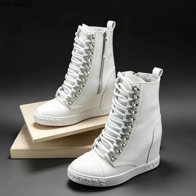 White Fashionable Crystal Elegant Genuine Leather High Top Casual Shoes Autumn Winter Round Toe Ankle Comfortable Women's Boots