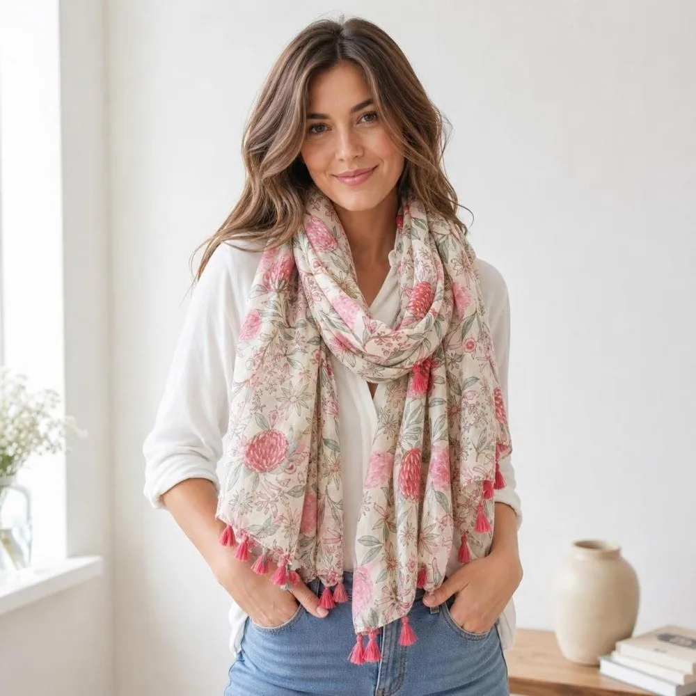 Warm Floral Print Shawl Scarf Lightweight Elegant Neckerchief Tassel Fringe Hijab Scarf for Women