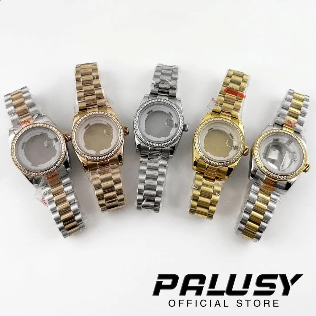 

31MM Diamond Sapphire Glass Stainless Steel Presidential Bracelet Waterproof Watch Case for Ladies Women Fit NH05 NH06 Movement