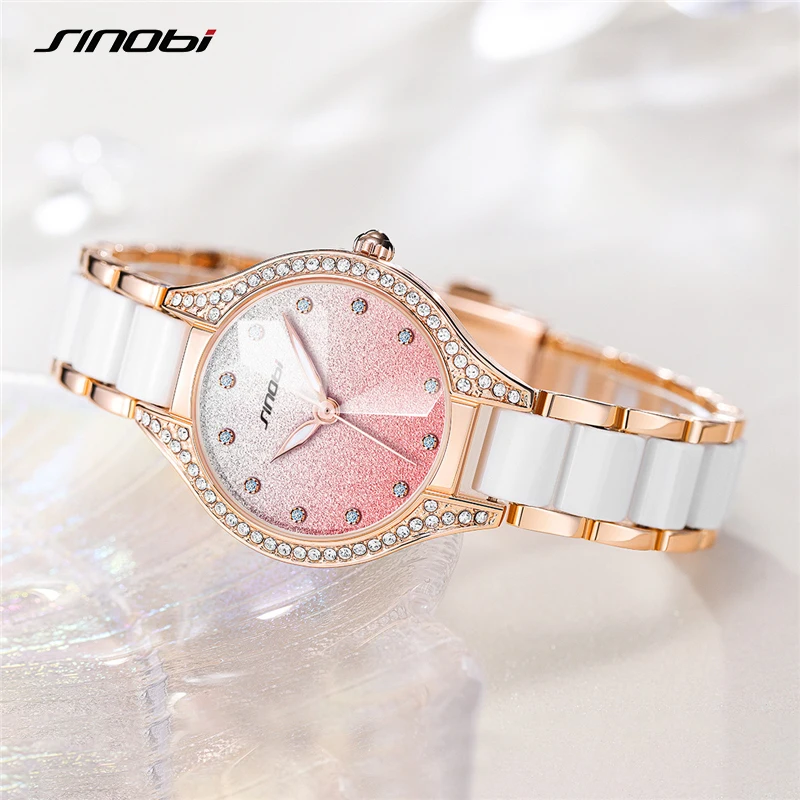 SINOBI Women Watches Rhinstone Rose Gold Dial White Strap Montres Femme Japanese Quartz Movement Luxury Clock Relogio Feminino