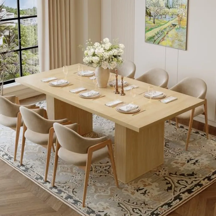 78 Inch Rectangular Dining Table, Modern Farmhouse Wood Dining Table for 6-8 People, Grooved Wood-Strip Base, Waterproof and Sc