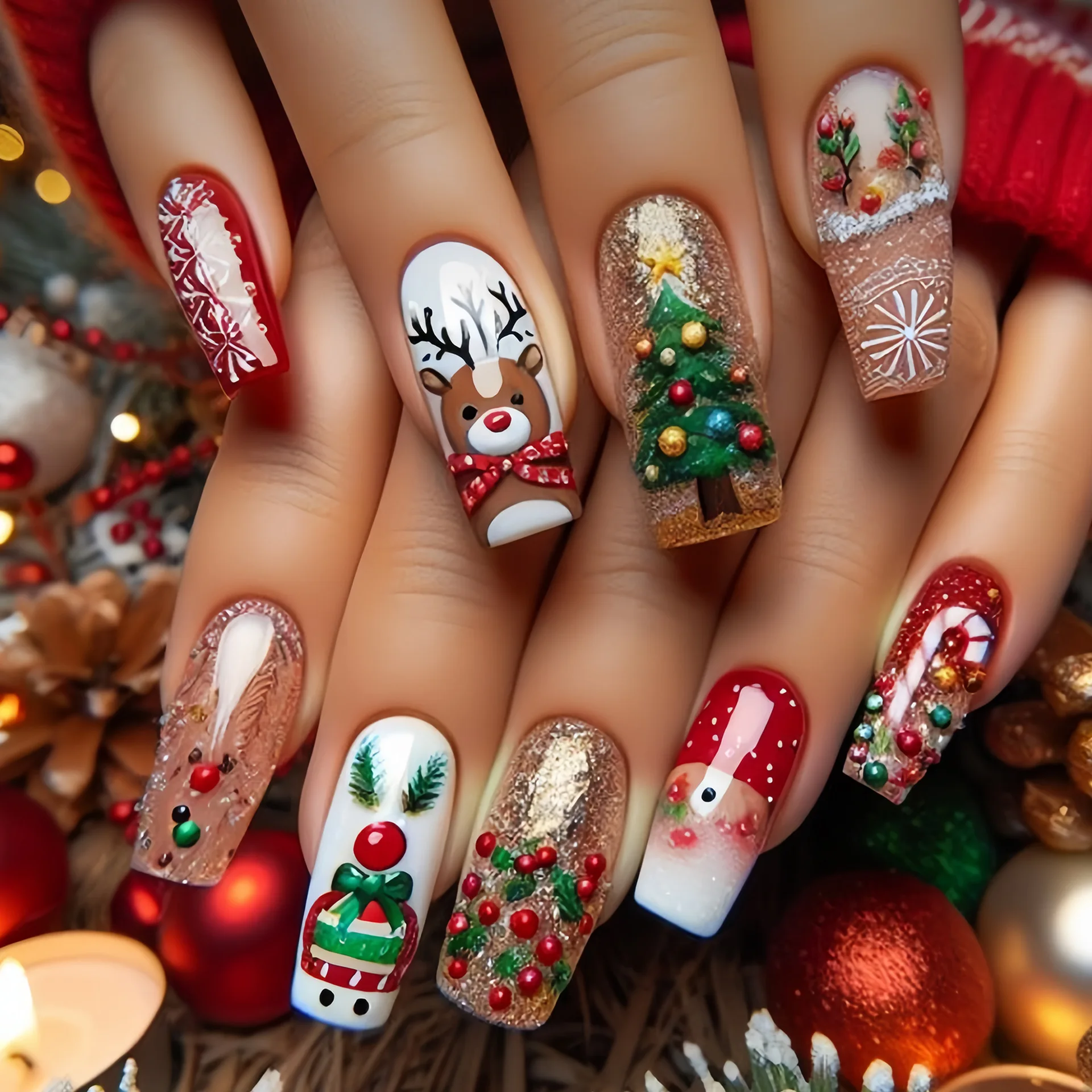 Christmas Themed Nail Art Stickers European Style Cartoon Cute Reindeer Glitter Christmas Tree Gift Soft Cute Fake Nails