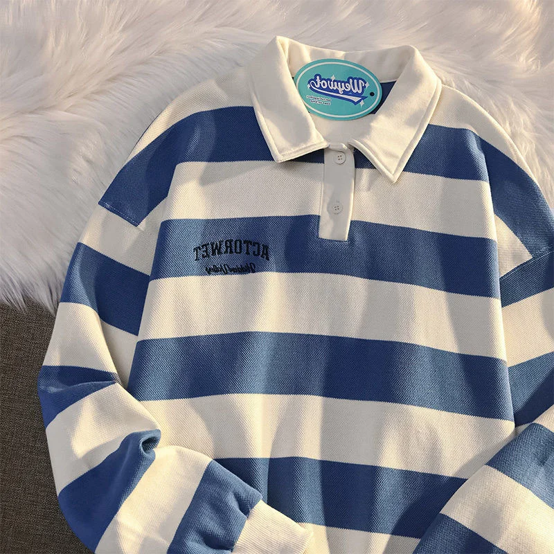 

Polo Shirts Male Large Size Retro Striped Contrast Color Collar Sweater Men's Autumn Loose Coat Long Sleeves Buttons Tops