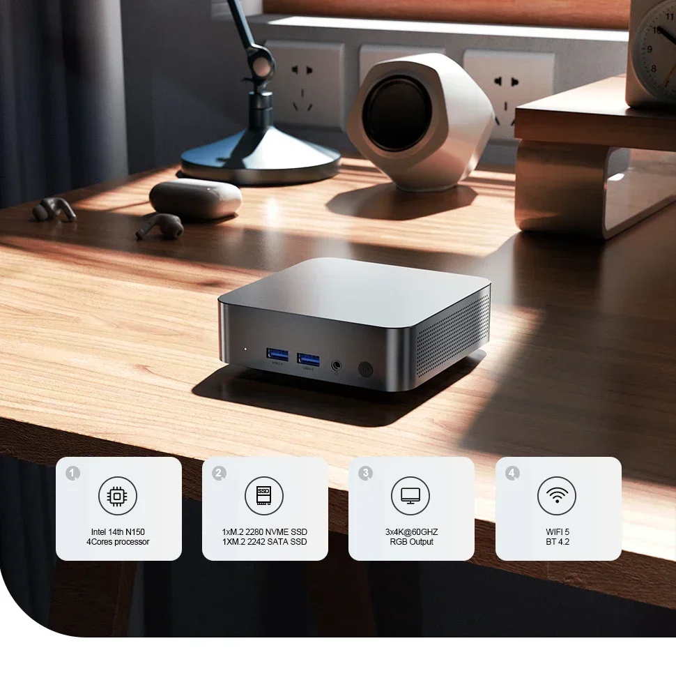 US.EU Chatreey T9 Mini PC Intel N100/N150 Windows 11 Ultra Small Pocket Computer Dual SSD Full Function Type-C 4K 60Hz RGB