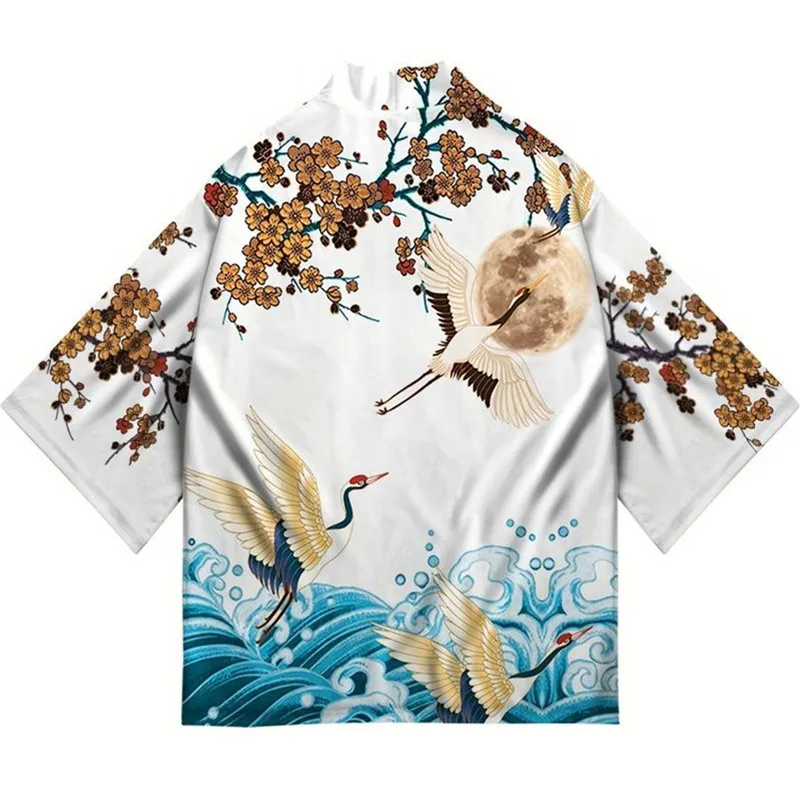 ثوب الكيمونو الياباني سترة يوكاتا الساموراي رجل إمرأة كرين طباعة قميص الشاطئ Haori Harajuku Obi النمط الصيني ملابس الشارع الآسيوية 5XL #5