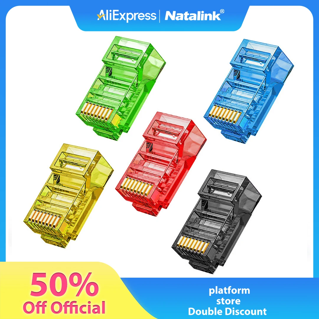 Natalink RJ45 CAT6 CAT5e Pass Through Connector Modular Plug 8P8C Crystal End Gold-Plated Solid or Stranded UTP Network Cable