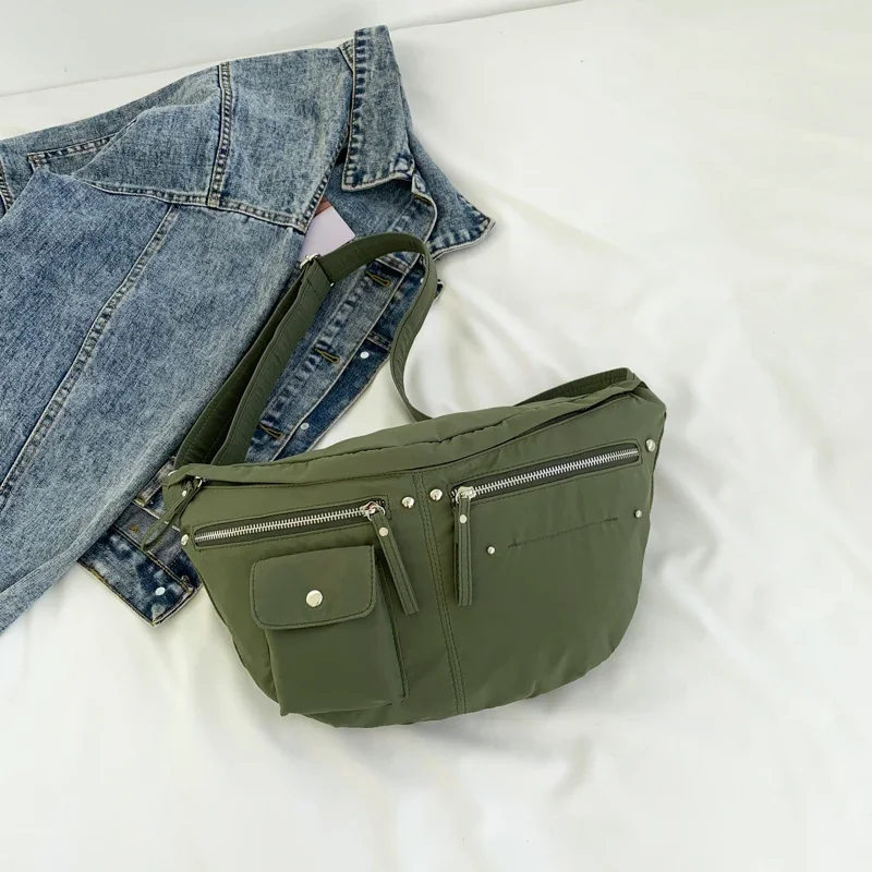 Large Capacity Crossbody Bag For Women Banana Waist Bag Military Green Nylon Chest Bag Female Casual Travel Bag Handbag Purse