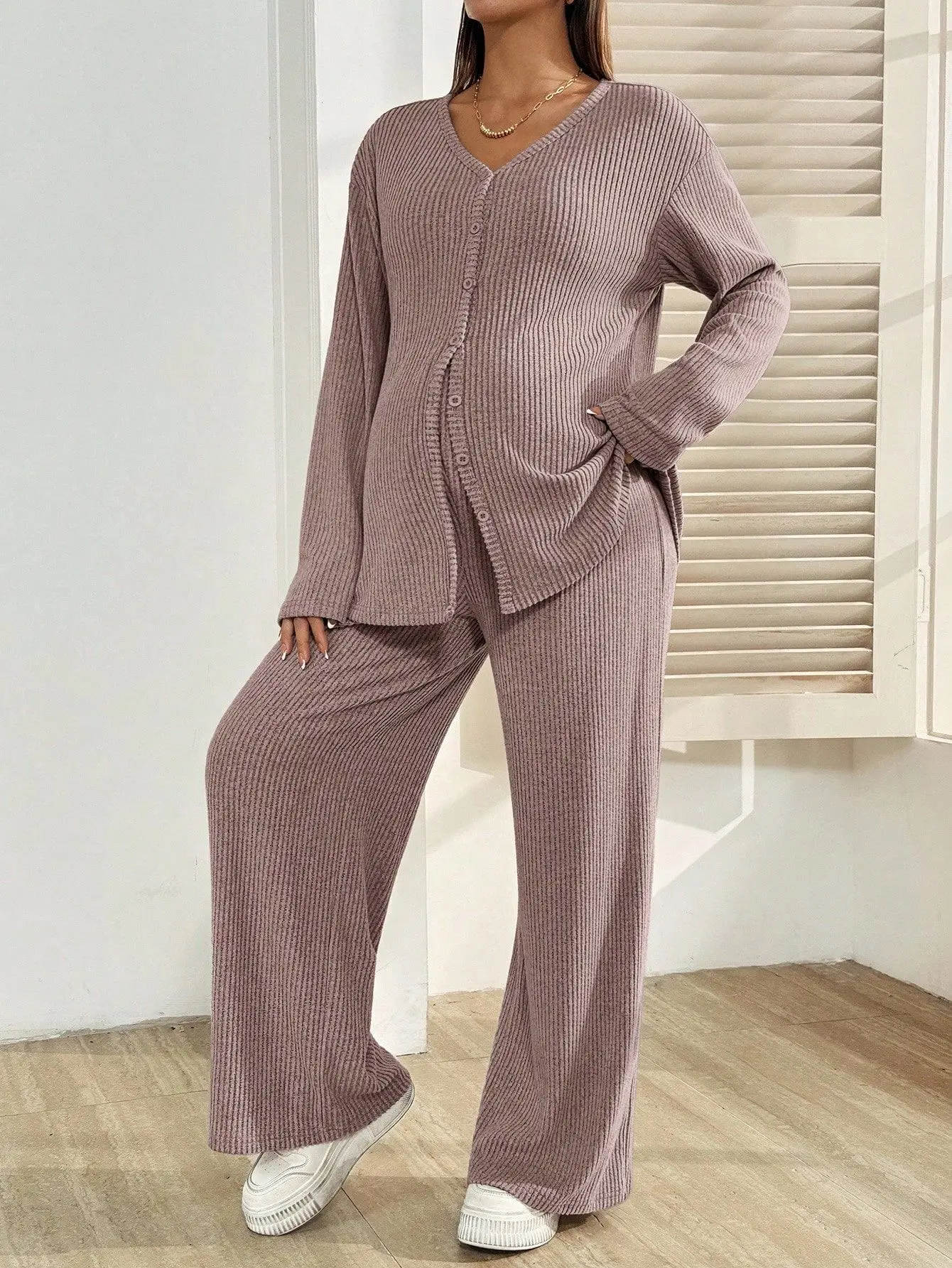 Pregnant Women Two-piece Outfit Set Maternity Knitted Cardigan Top Blouse Adjustable Waist Loose Pants Autumn Pregnancy Clothing - view 5