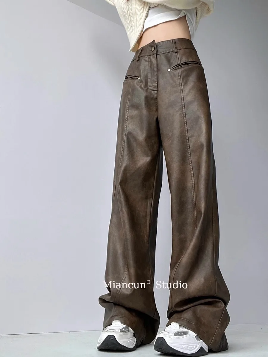 2024 New Vintage Brown Leather Pants Grunge 2000s Low Rise Pockets Patchwork Baggy PU Cargo Pants Women y2k Streetwear Trousers