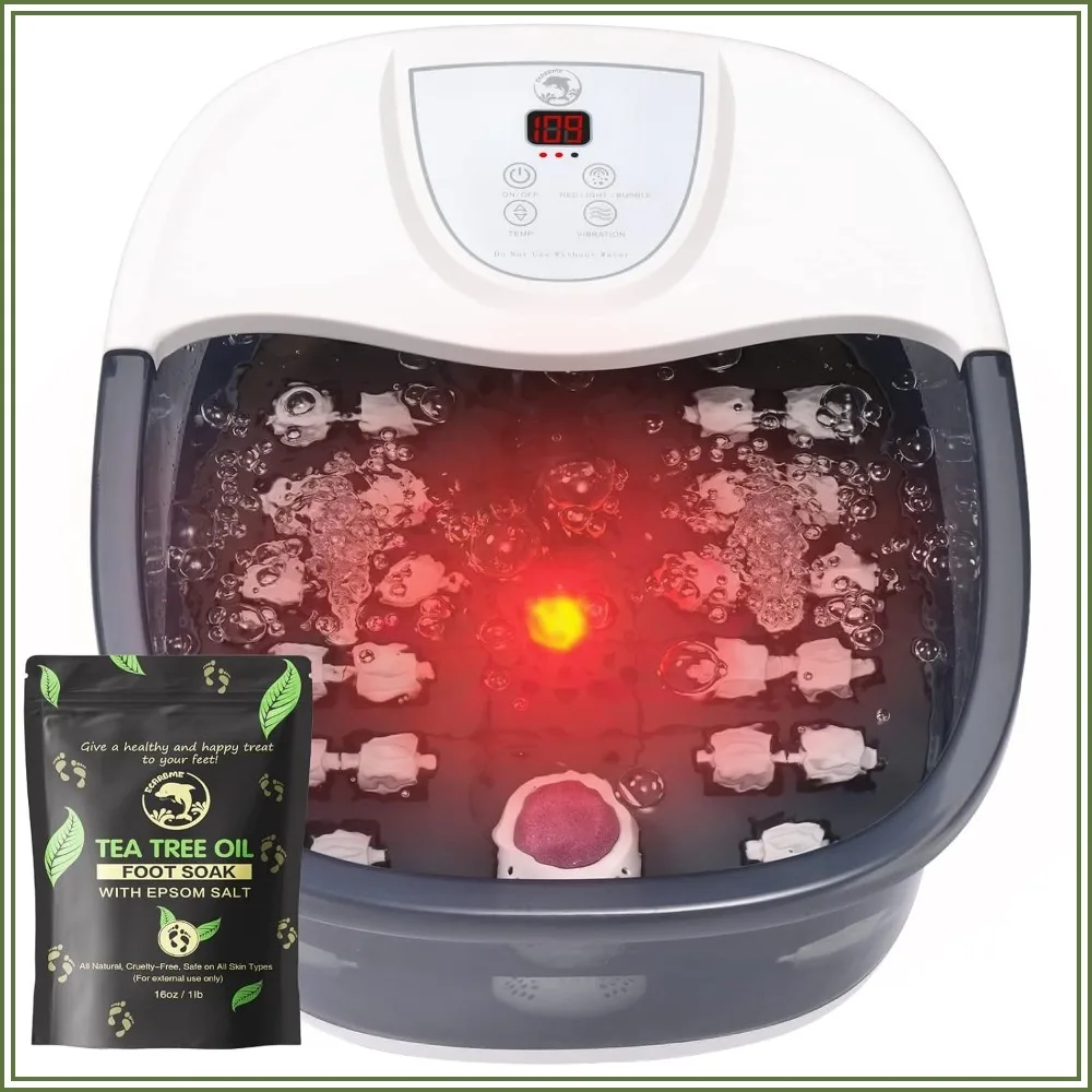 Foot Spa with Heat, 22 Massage Rollers, Temp Control, Bubbles, Epsom Salt - Grey