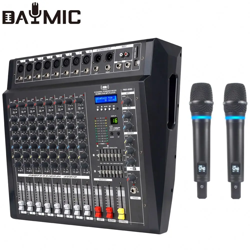 

Ocean 8-Channel Amplifier Mixer with 16 DSP Echo 2x300w/8 Ohm USB with Bluetooth with YX-3 Rechargeable Wireless Microphone