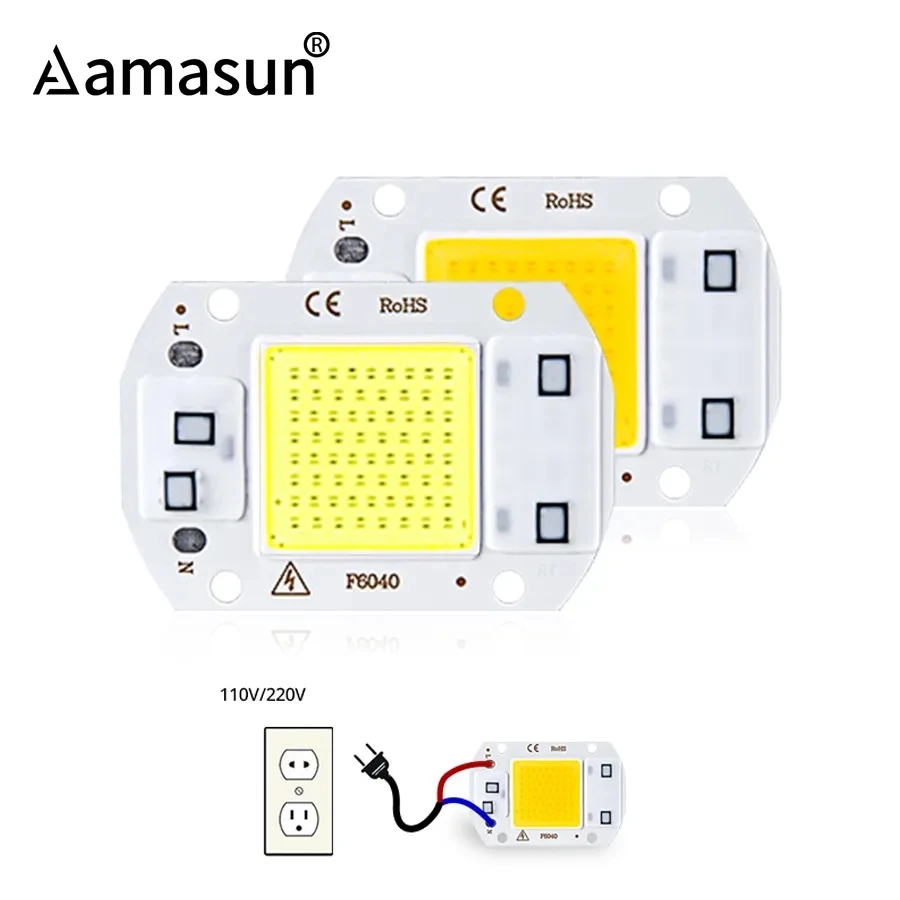 LEDチップCOb 20w 30w 50w ac 110v 220v,ドライバーなし,DIY,スポットライト,暖かくて暖かい白,屋外ランプ,5個