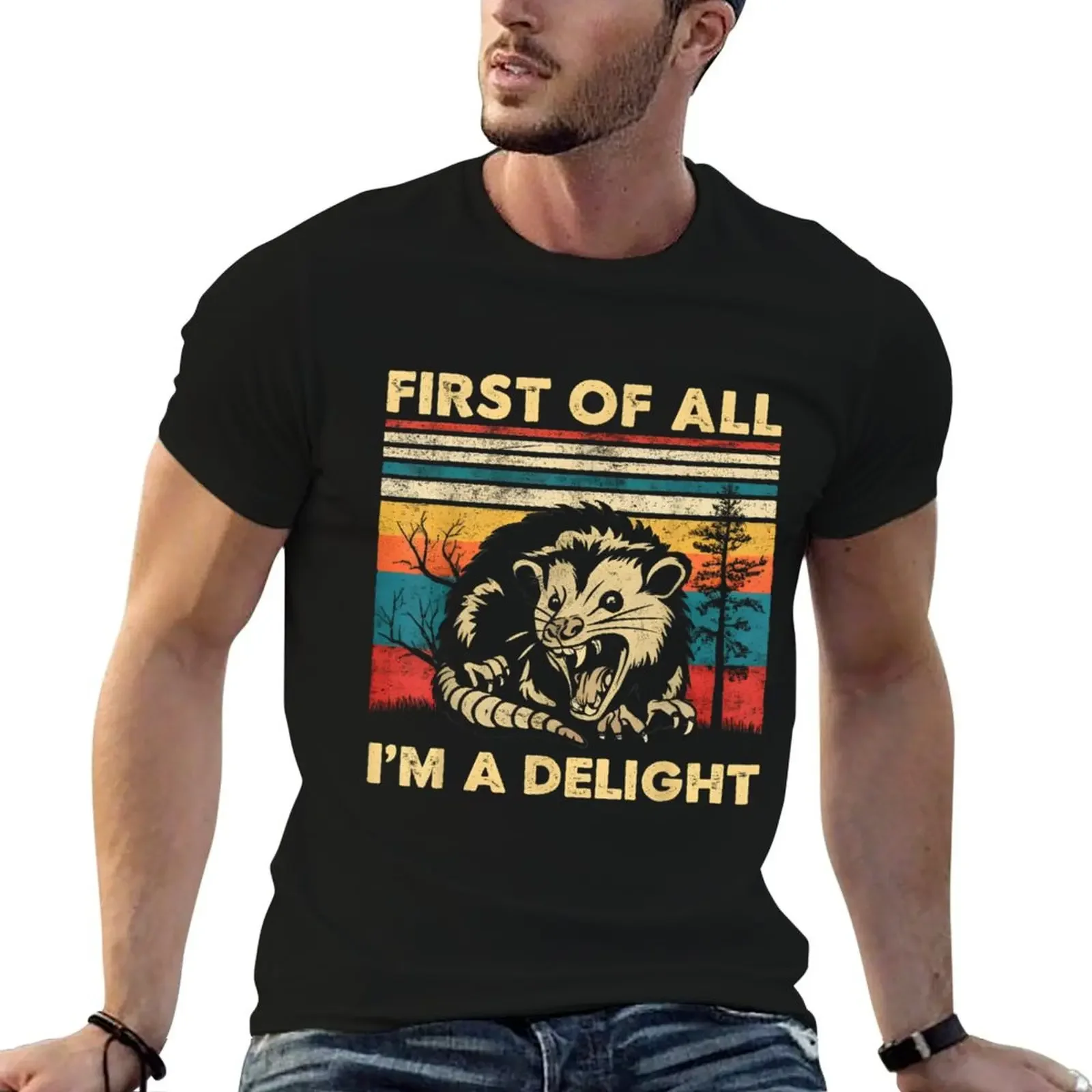 

First Of All I'm A Delight Sarcastic Angry Opossum Possum T-Shirt plus sizes tops summer top mens clothes