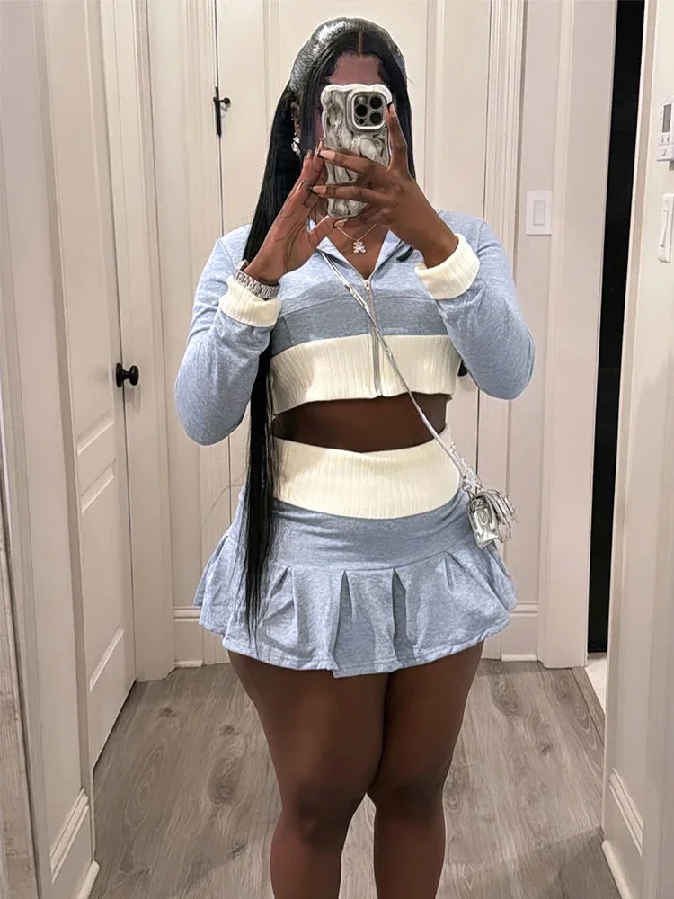 

Лоскутный комплект из 2 предметов, женский спортивный костюм с поясом, укороченный топ с длинными рукавами + мини-юбки со складками по подолу, одинаковые уличные наряды