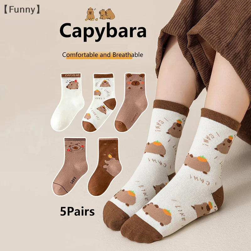 〔Funny〕5Pairs Cartoon Capybara Print Mid-Tube Socks Breathable Soft Casual Socks Unisex Coffee Keep Warm Mid-tube Socks