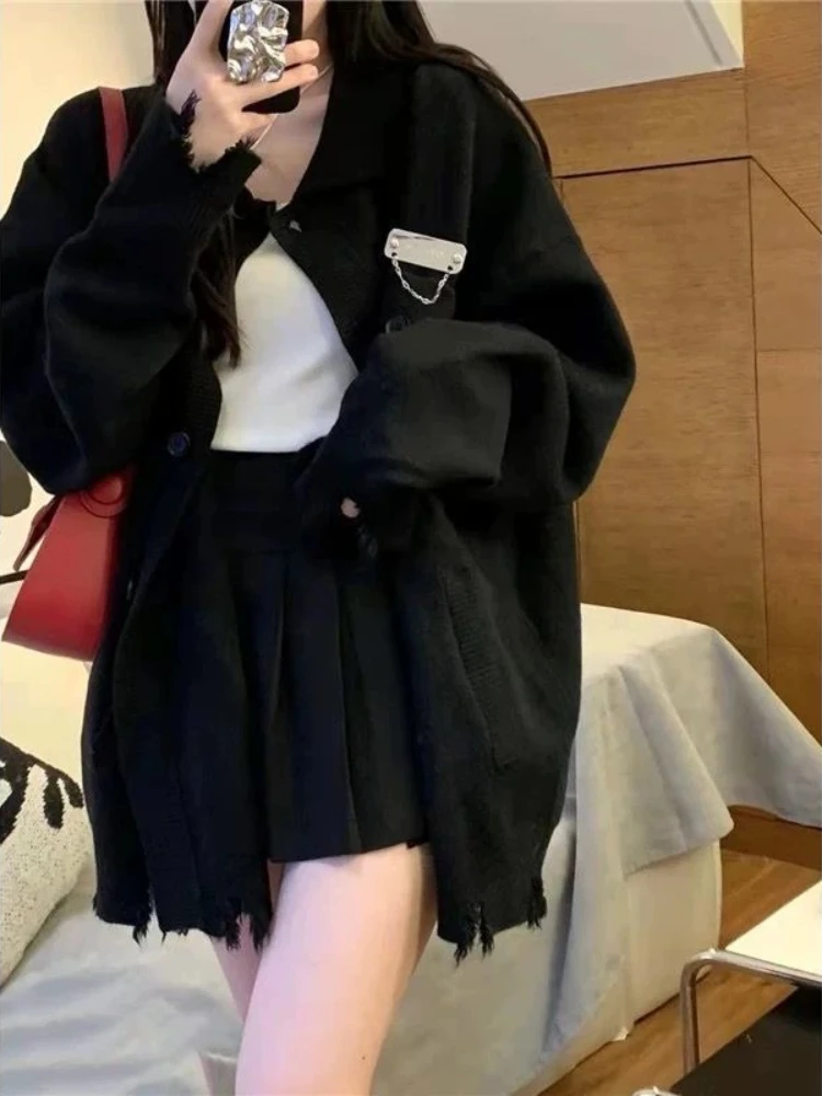 Black Cardigan Women Ripped Sweater Preppy Baggy Streetwear Personality Korean Fashion Knitwear Y2k American Vintage All-match