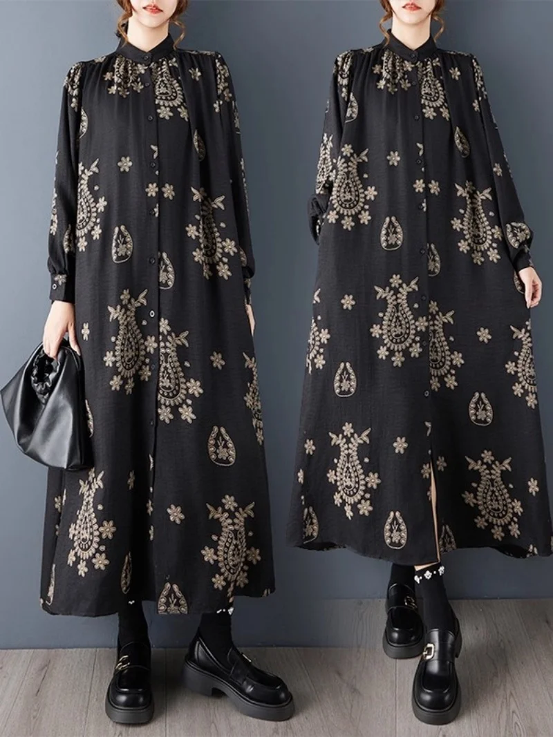 2025 Spring And Autumn Women Loose Large Size Stand Up Collar Fashionable Printed Dress Mid Length Temperament Shirt Dress w1323