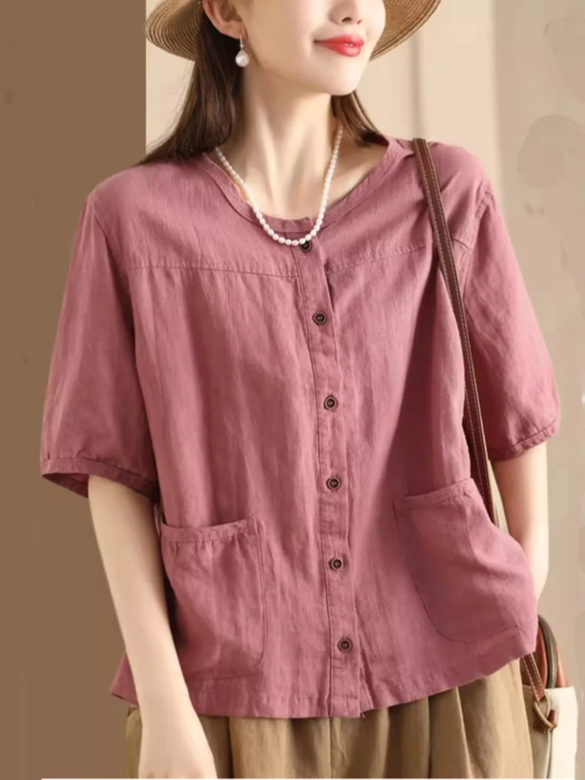 

Retro Washed Cotton Shirt Casual Mid-Sleeve Single Button Open Cardigan Top for Women Comfortable Breathable Summer Clothing
