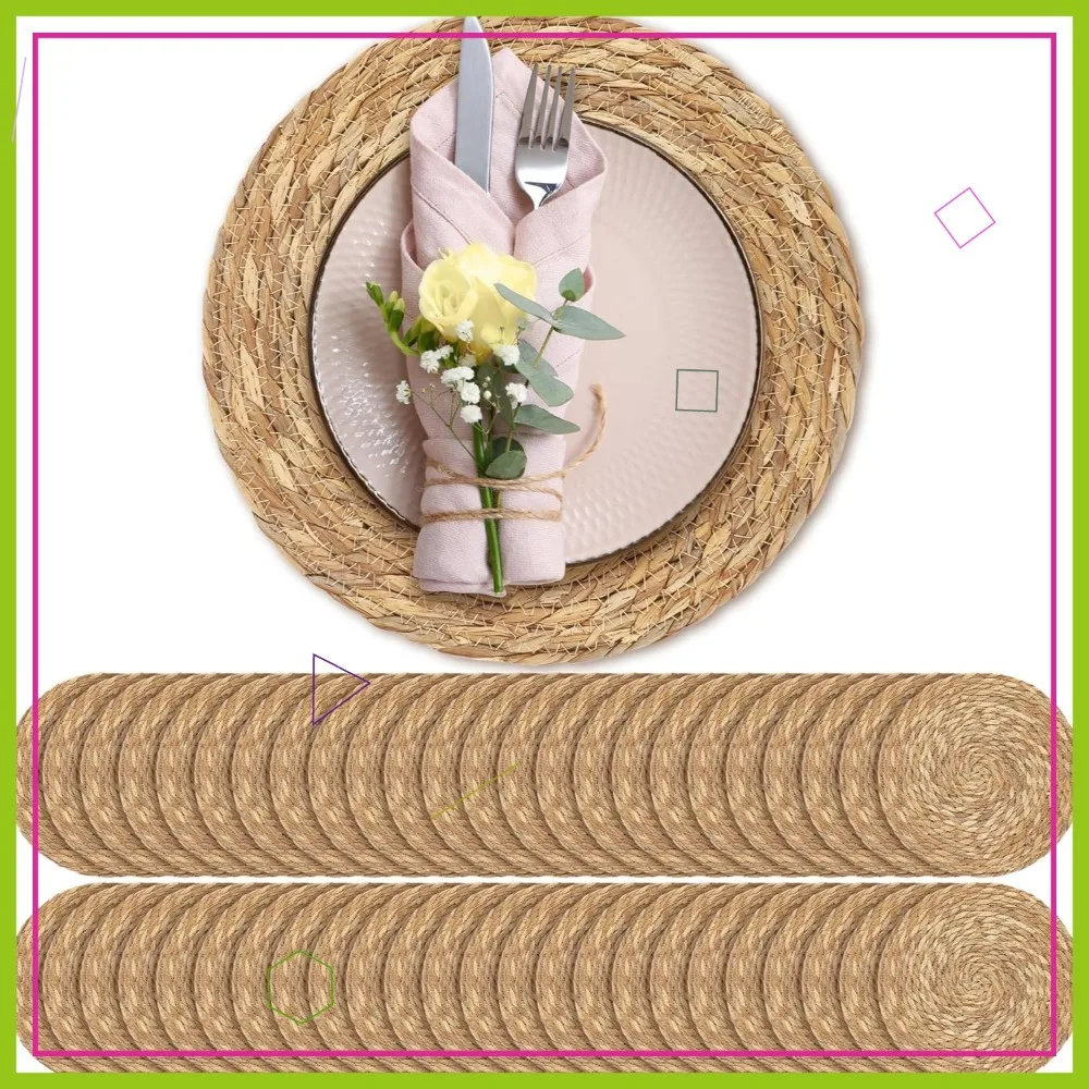 

48 Pack 13.8-Inch Round Woven Placemats Natural Hand-Woven Boho Rattan Farmhouse Table Mats for Dining Kitchen Decor