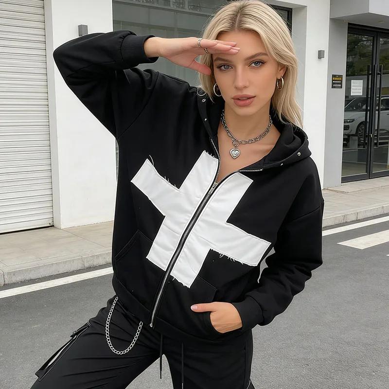 

Американский гранж-кардиган с контрастными вставками и нашивками, на молнии, с длинными рукавами, в готическом уличном стиле, осенне-зимнее свободное женское пальто