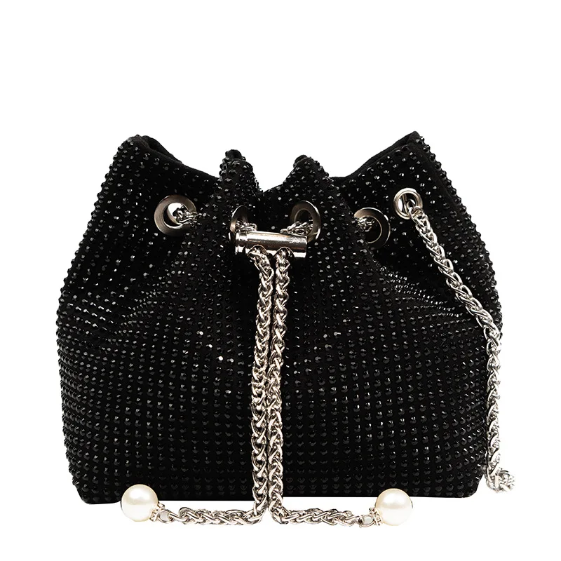 Women Fashion Diamonds Rhinestone Bucket Bags Retro Pearl Chain Ladies Shoulder Bags Shiny Small Crossbody Bags Female Handbags