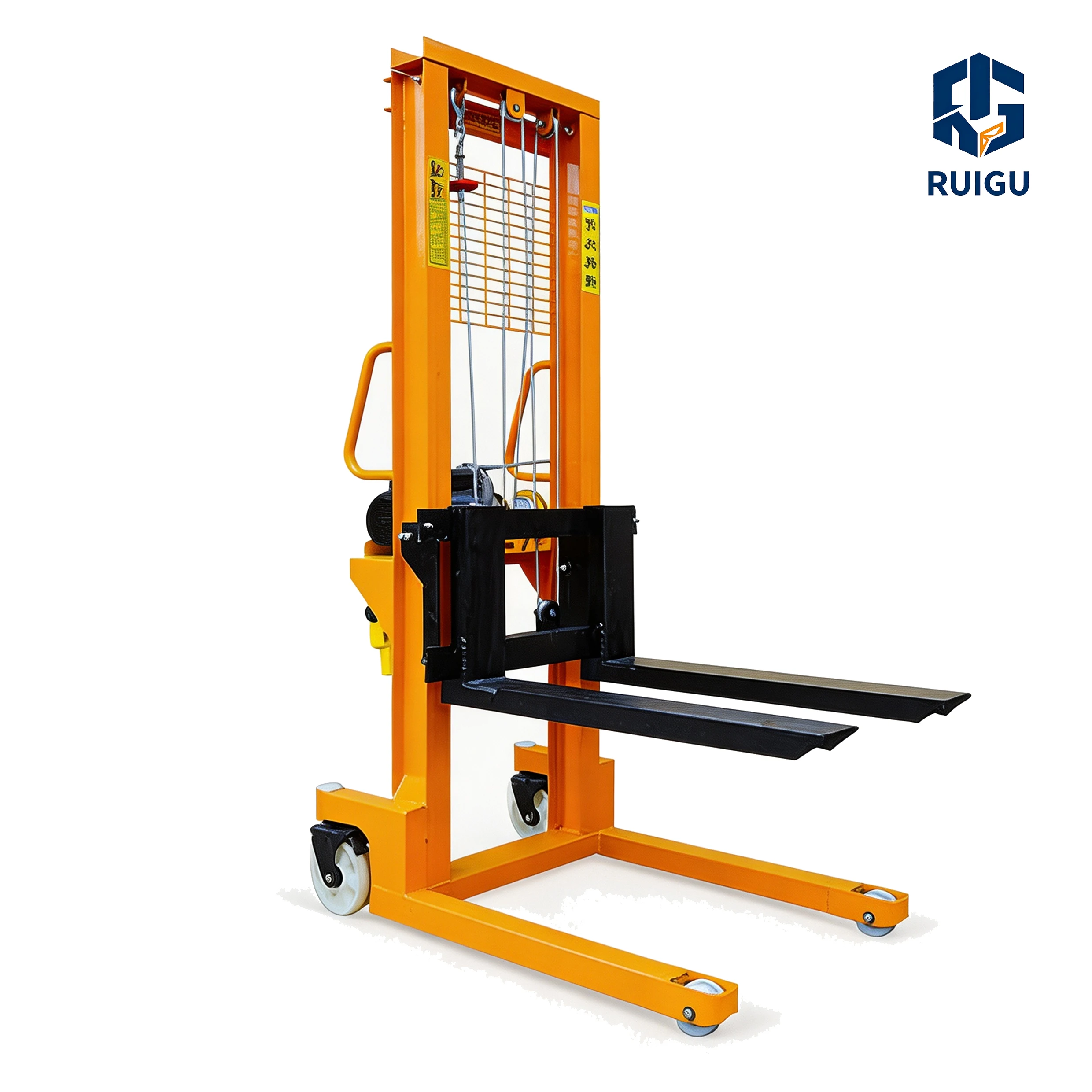 Electric pallet stacker with lithium-ion battery, polyurethane tires, electric side-shifting device