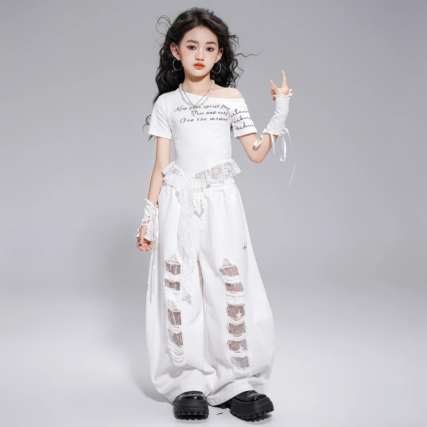 Kid Kpop Hip Hop Clothing White Lace Trim Crop T Shirt Top Casual Distressed Ripped Pants for Girls Jazz Dance Costumes Clothes