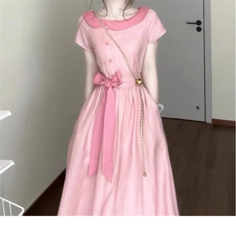 فستان نسائي صيفي مقاس كبير وردي فرنسي حلو بأكمام قصيرة يقلل من العمر بخصر عالٍ على شكل حرف a وأربطة مخططة فساتين طويلة لطيفة